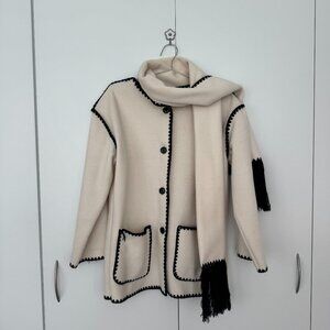 Yimoon Embroidered Scarf Jacket Oversized Wool Blend Coat with Tassel Scarf